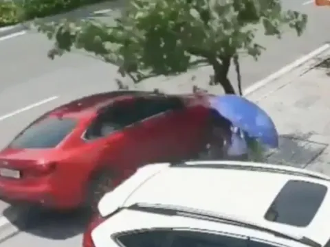 Giơ tay vẫy taxi, người đàn ông hoảng hồn bỏ chạy vì xe lao lên vỉa hè hạ gục cây bên cạnh