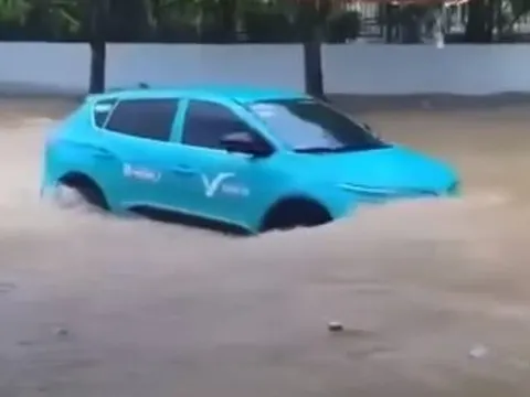 2 'chiến thần' VF e34 'bơi' trên đường ngập sâu gây chú ý trên mạng