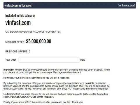 Tên miền vinfast.com được rao bán với giá 5 triệu USD