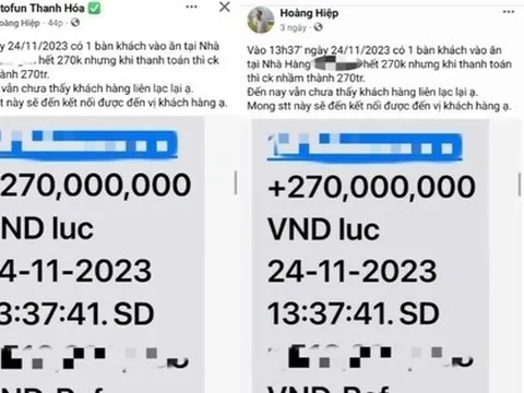 Công an sẽ làm việc với nhà hàng đăng tin tìm khách chuyển nhầm 270 triệu đồng ở Thanh Hoá